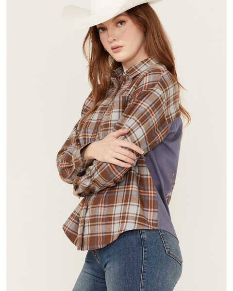 Image #4 - Cleo + Wolf Women's Mixed Media Plaid Print Button-Down Graphic Flannel Shirt , Indigo, hi-res