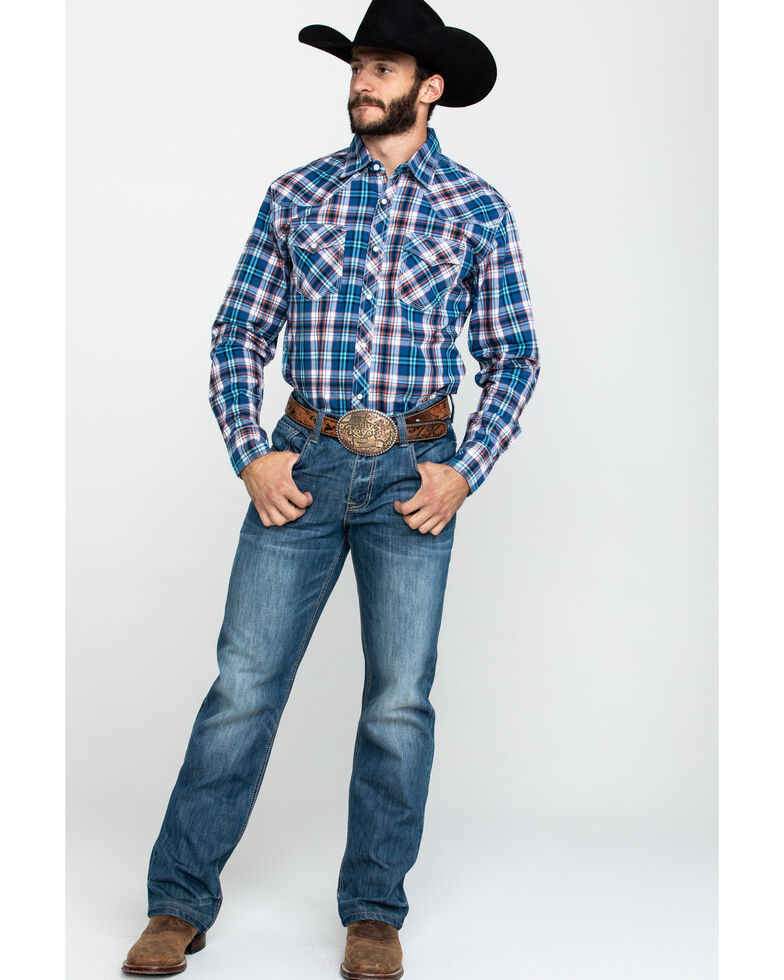 Wrangler 20x Men S Advanced Comfort Navy Med Plaid Long Sleeve