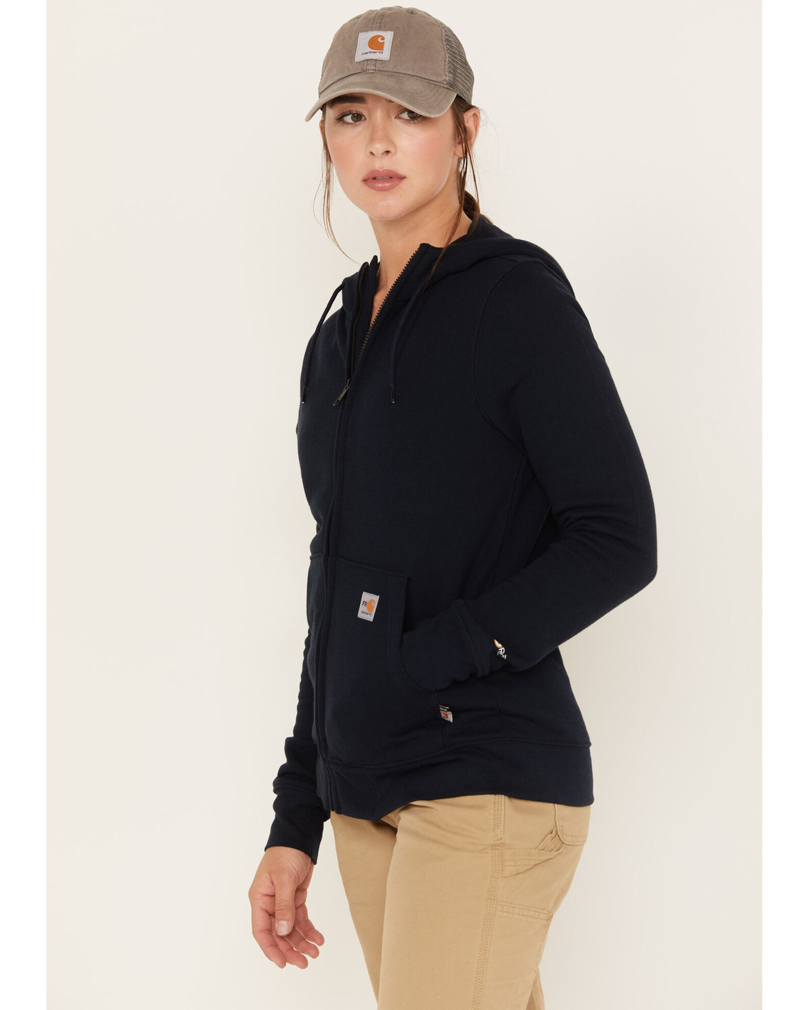 Image #2 - Carhartt Women's Force FR Relaxed Fit Zip Front Sweatshirt Work Hoodie, Navy, hi-res