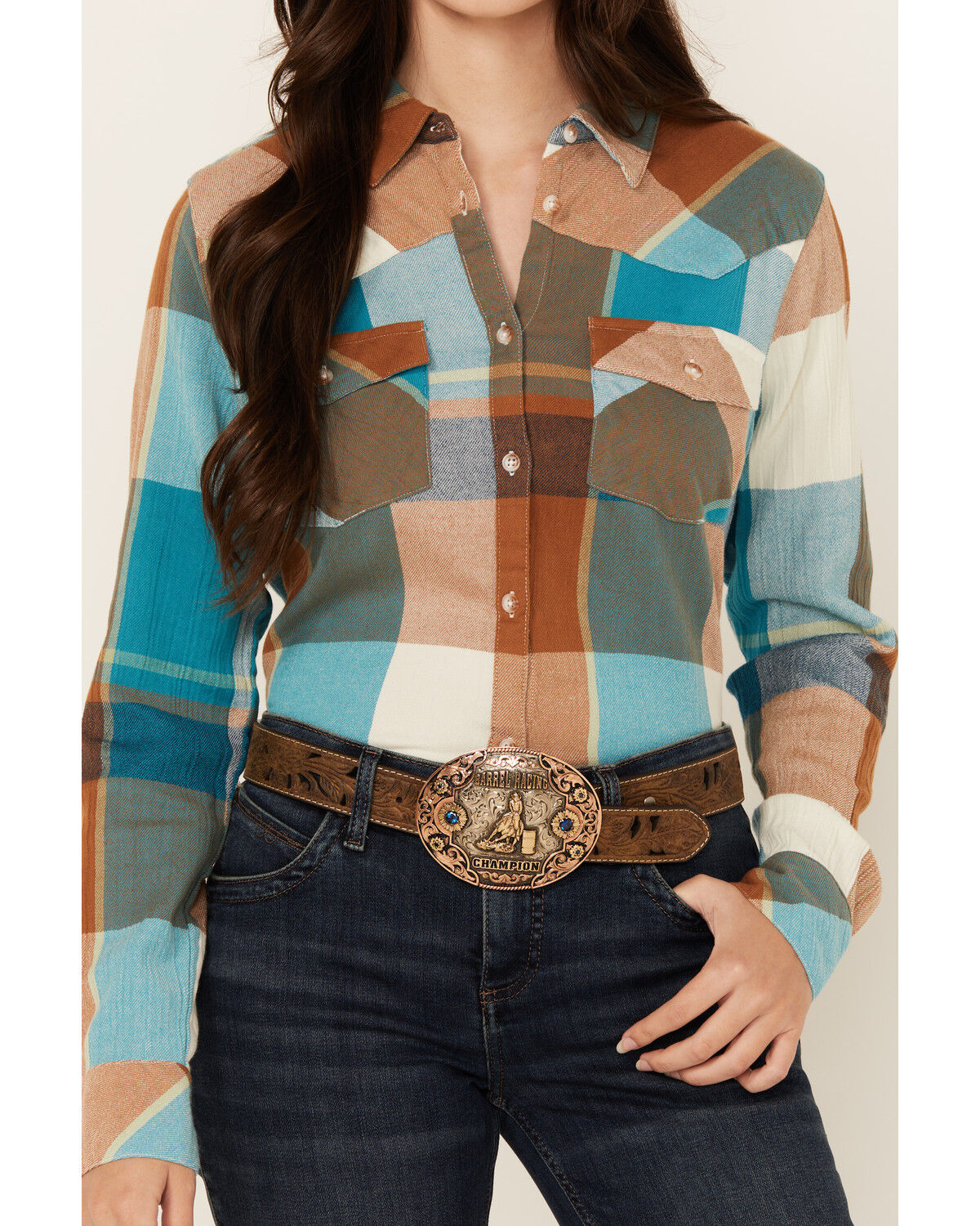 Image #3 - Shyanne Women's Plaid Print Long Sleeve Button-Down Western Shirt, Caramel, hi-res