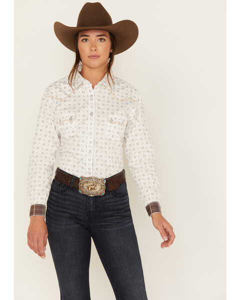 Rough Stock by Panhandle Women's Long Sleeve Snap Western Shirt, Cream, hi-res