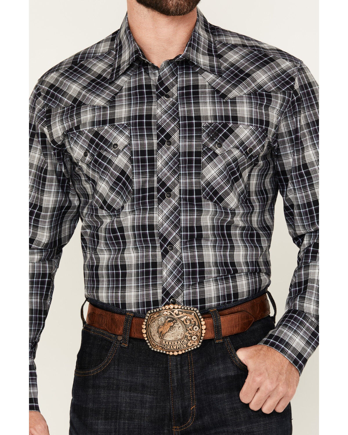 Image #3 - Wrangler Retro Men's Plaid Print Long Sleeve Snap Western Shirt, Black, hi-res