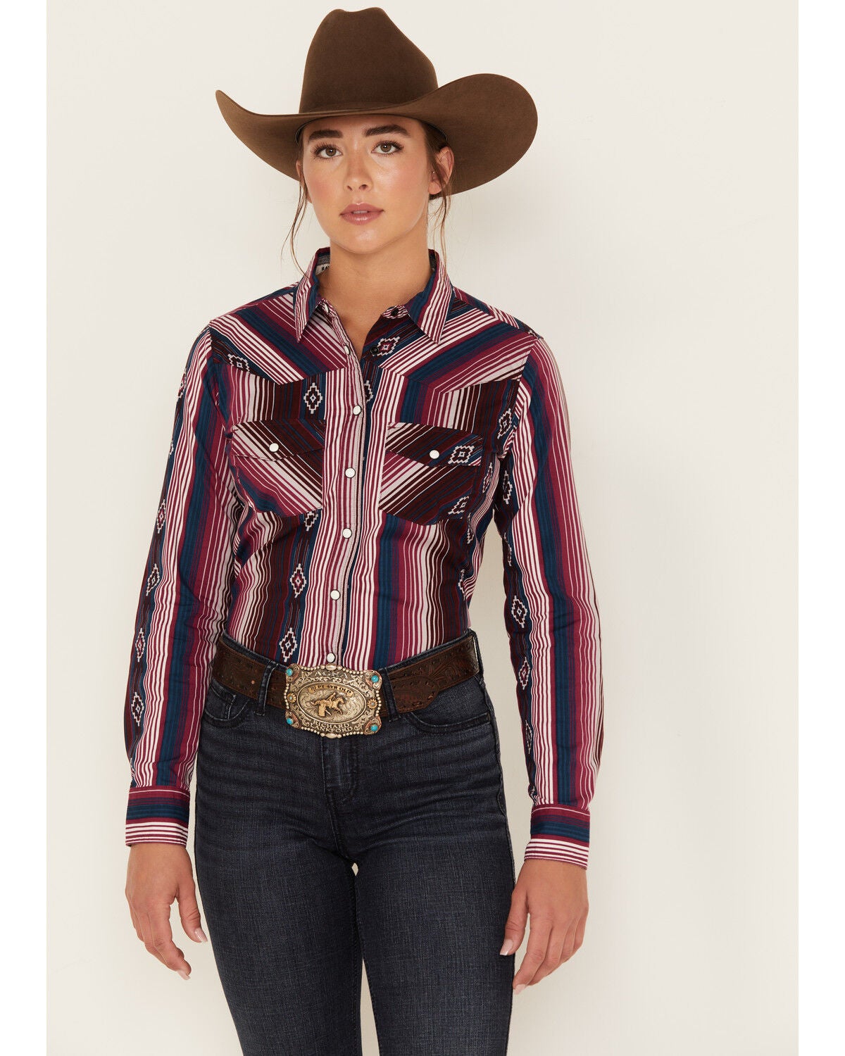 RANK 45&reg; Women's Southwestern Stripe Print Heritage Snap Stretch Western Riding Shirt, Burgundy, hi-res