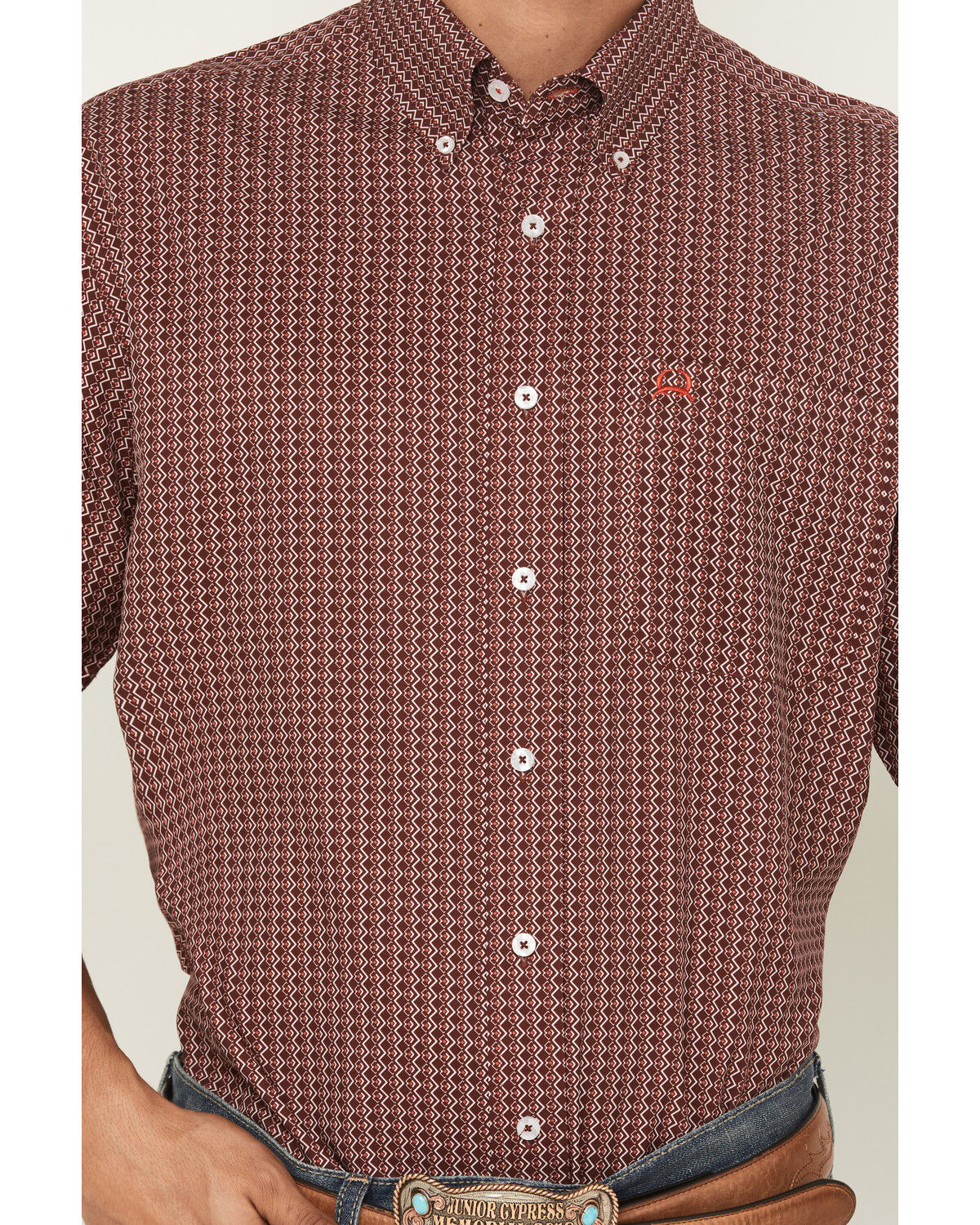 Image #3 - Cinch Men's Geo Print Short Sleeve Button-Down Performance Stretch Western Shirt, Burgundy, hi-res