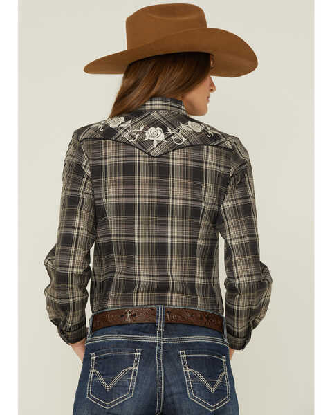 Image #3 - Roper Women's Plaid Print Embroidered Long Sleeve Western Shirt, Black, hi-res