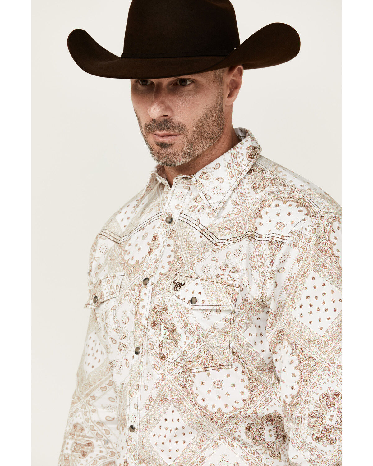 Image #2 - Cowboy Hardware Men's Bandana Print Long Sleeve Snap Western Shirt, Tan, hi-res