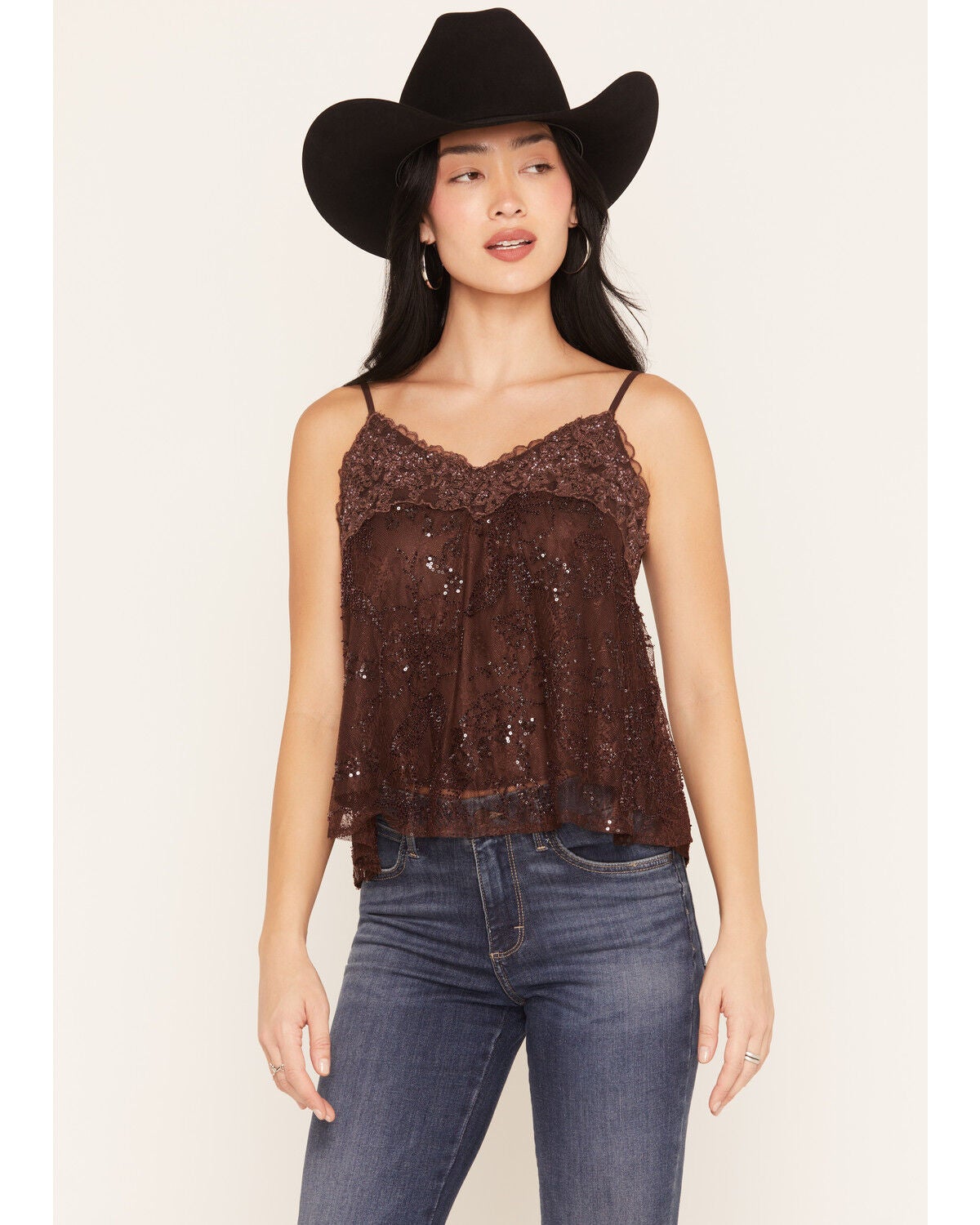Miss Me Women's Sleeveless Floral Embellished Lace Cami, Burgundy, hi-res