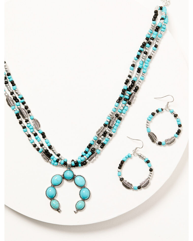 Shyanne Women's Silver & Turquoise Multi-strand Beaded Squash Blossom Jewelry Set, Silver, hi-res