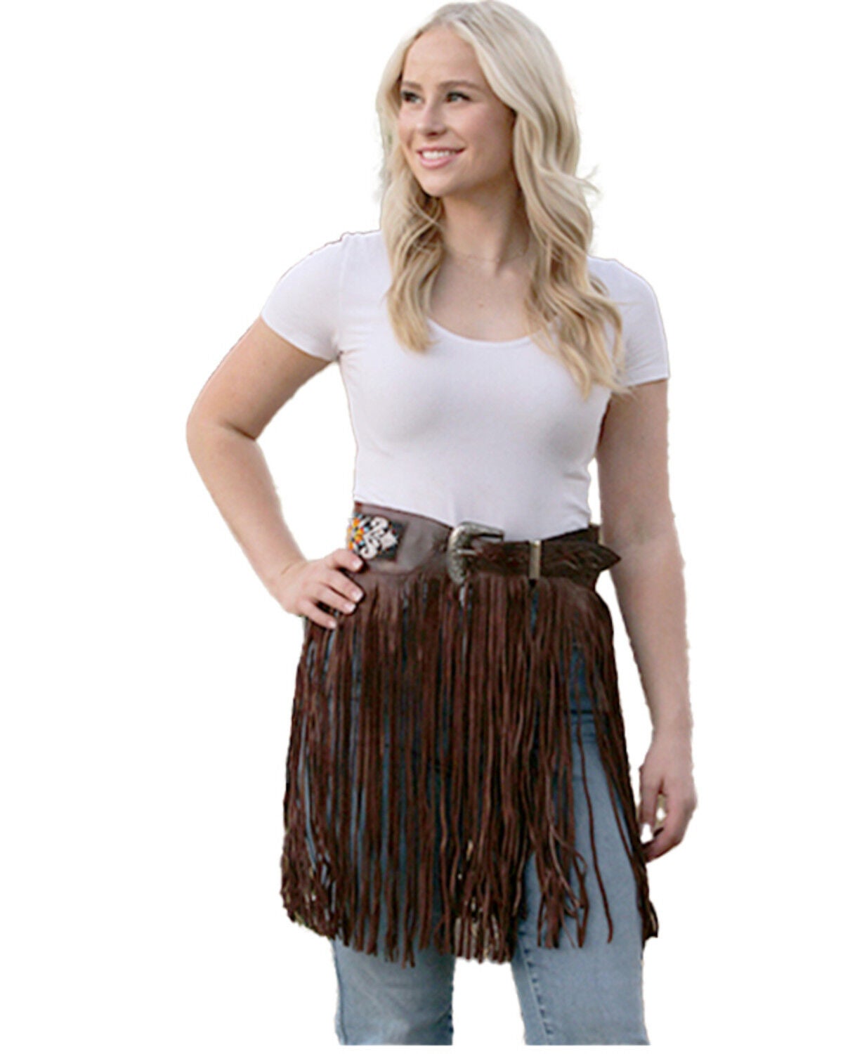 Kobler Women's Leather Hand Tooled Beaded Fringe Belt, Dark Brown, hi-res