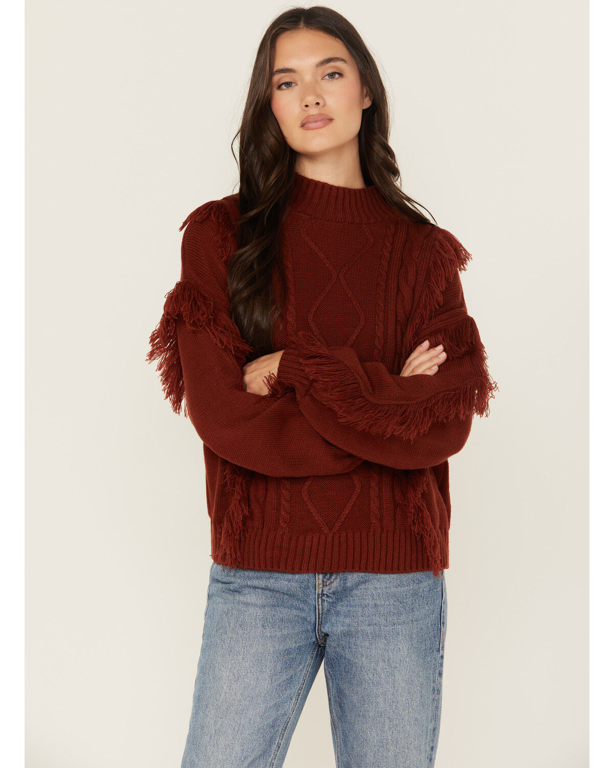 Image #1 - Rock & Roll Denim Women's Fringe Cable Knit Sweater, Rust Copper, hi-res