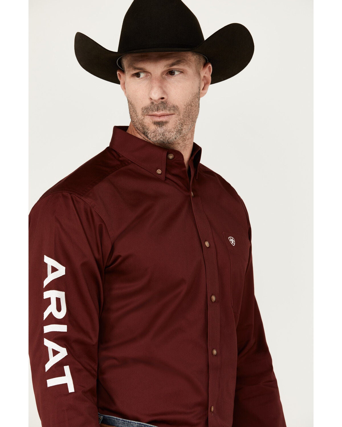 Image #1 - Ariat Men's Team Logo Twill Fitted Long Sleeve Button-Down Western Shirt, Burgundy, hi-res