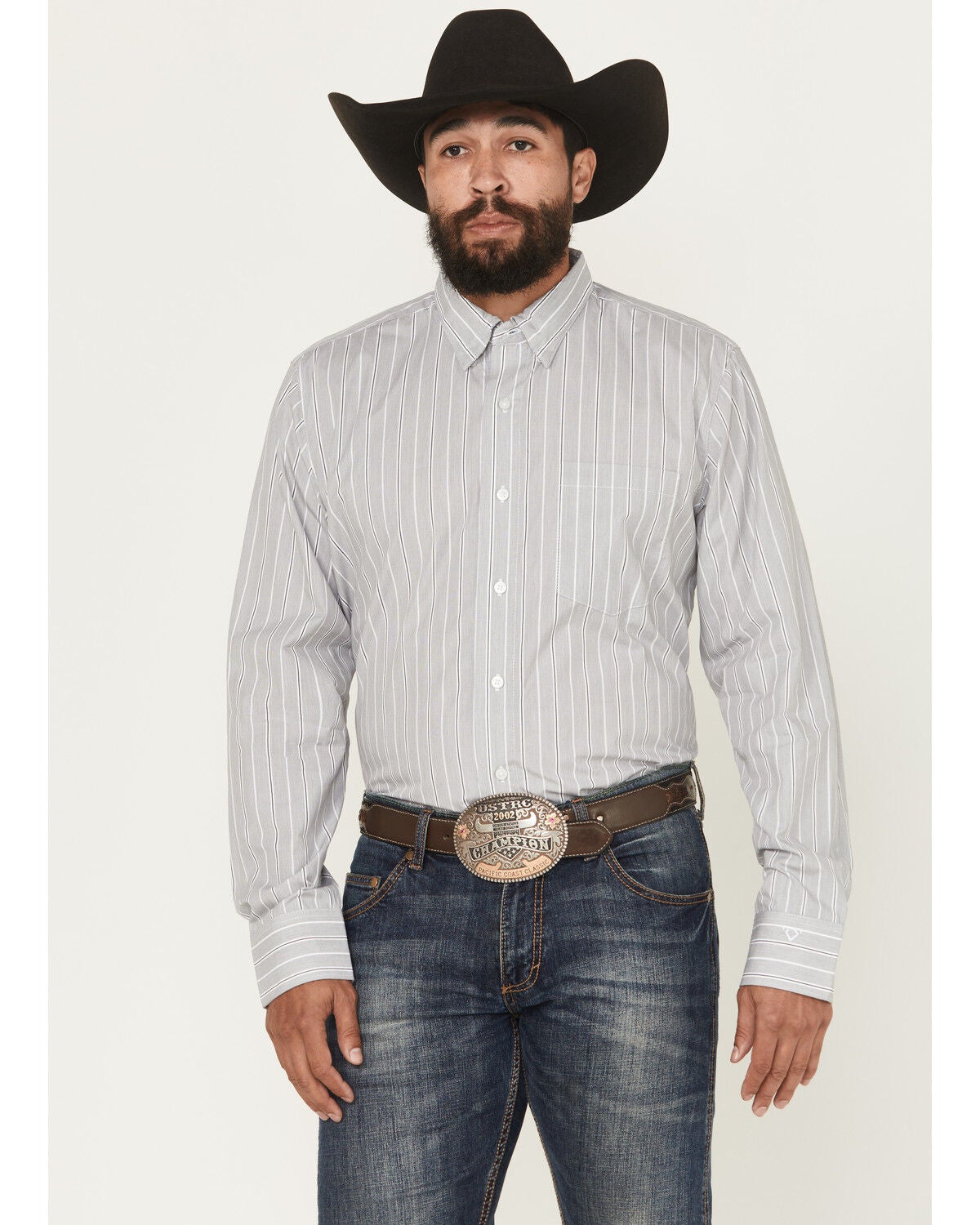 Image #1 - Wrangler X Cody Johnson Men's Striped Long Sleeve Button-Down Western Shirt - Tall, Grey, hi-res