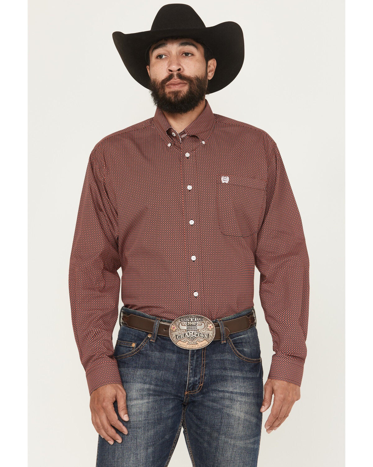 Image #1 - Cinch Men's Micro Geo Print Long Sleeve Button-Down Western Shirt, Red, hi-res