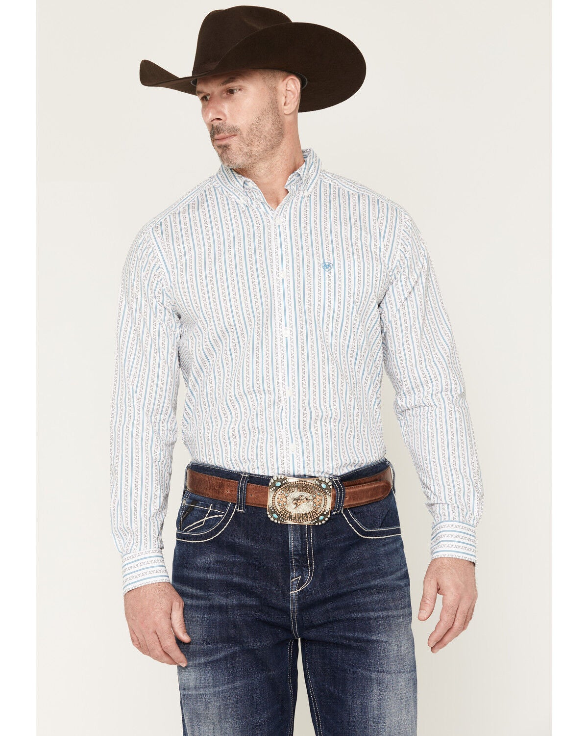 Ariat Men's Crow Longhorn Striped Fitted Long Sleeve Button-Down Western Shirt, White, hi-res