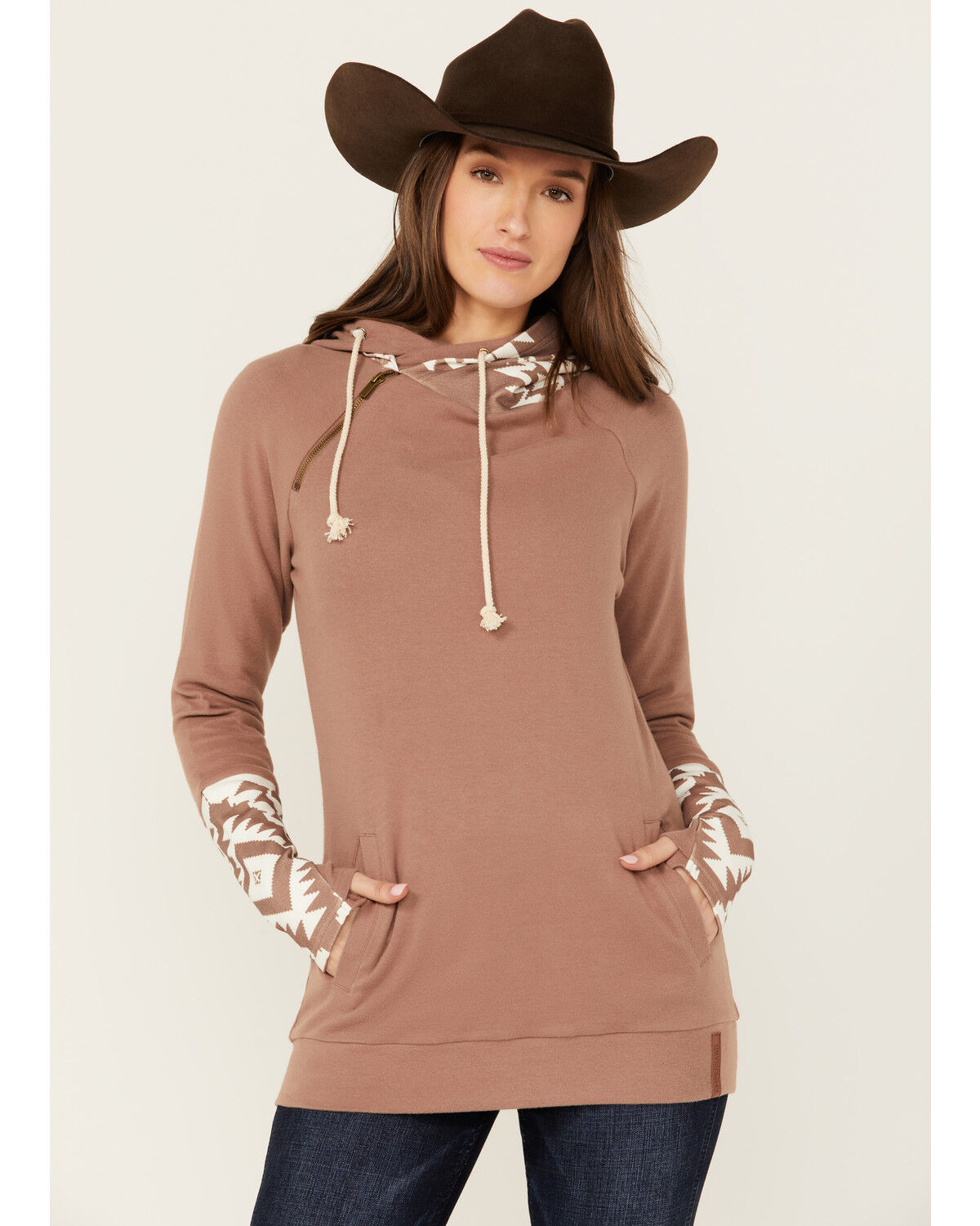 Image #1 - Ampersand Avenue Women's Southwestern Print Hooded Pullover, Tan, hi-res