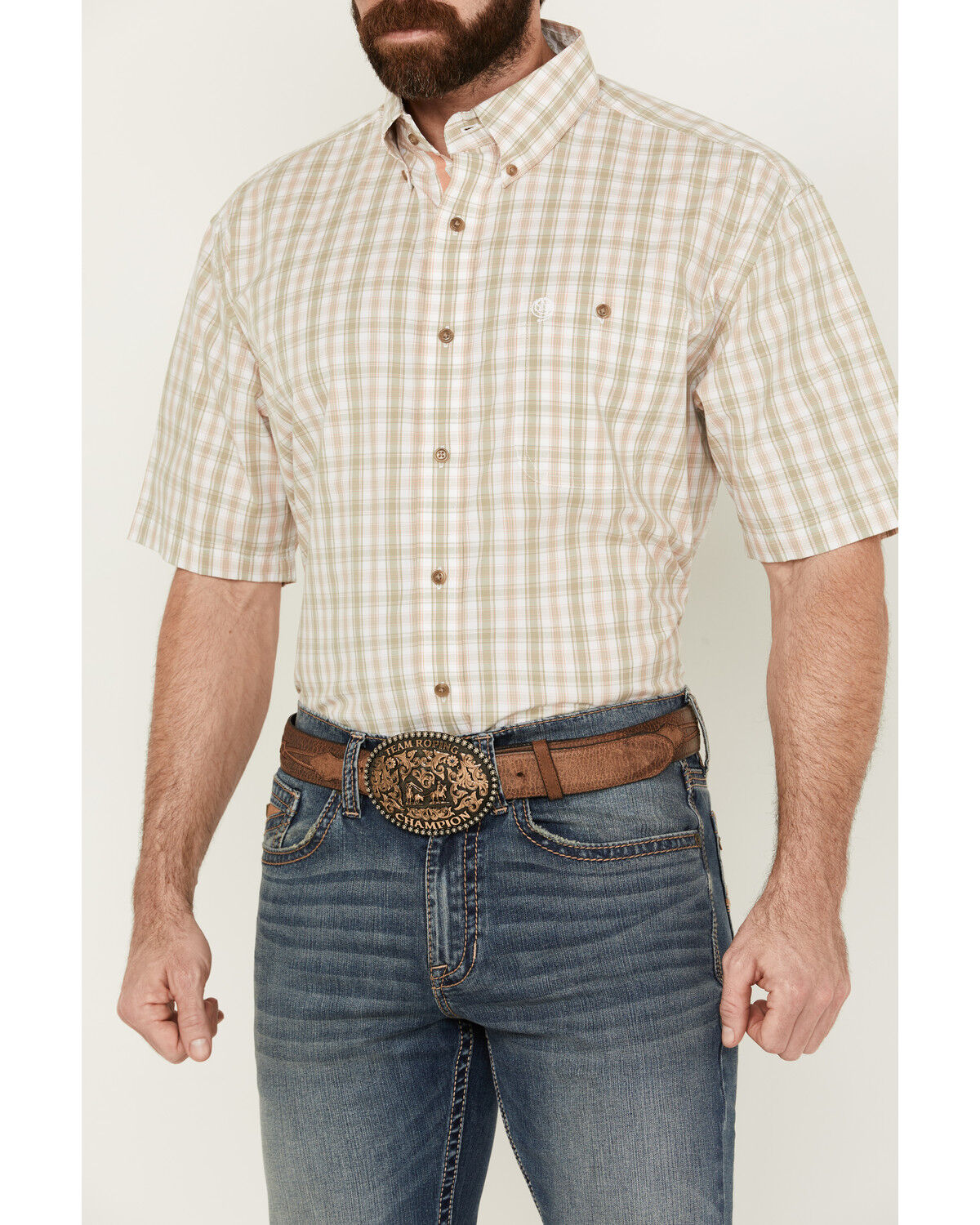 Image #3 - George Strait by Wrangler Men's Plaid Print Short Sleeve Button-Down Stretch Western Shirt, Sage, hi-res