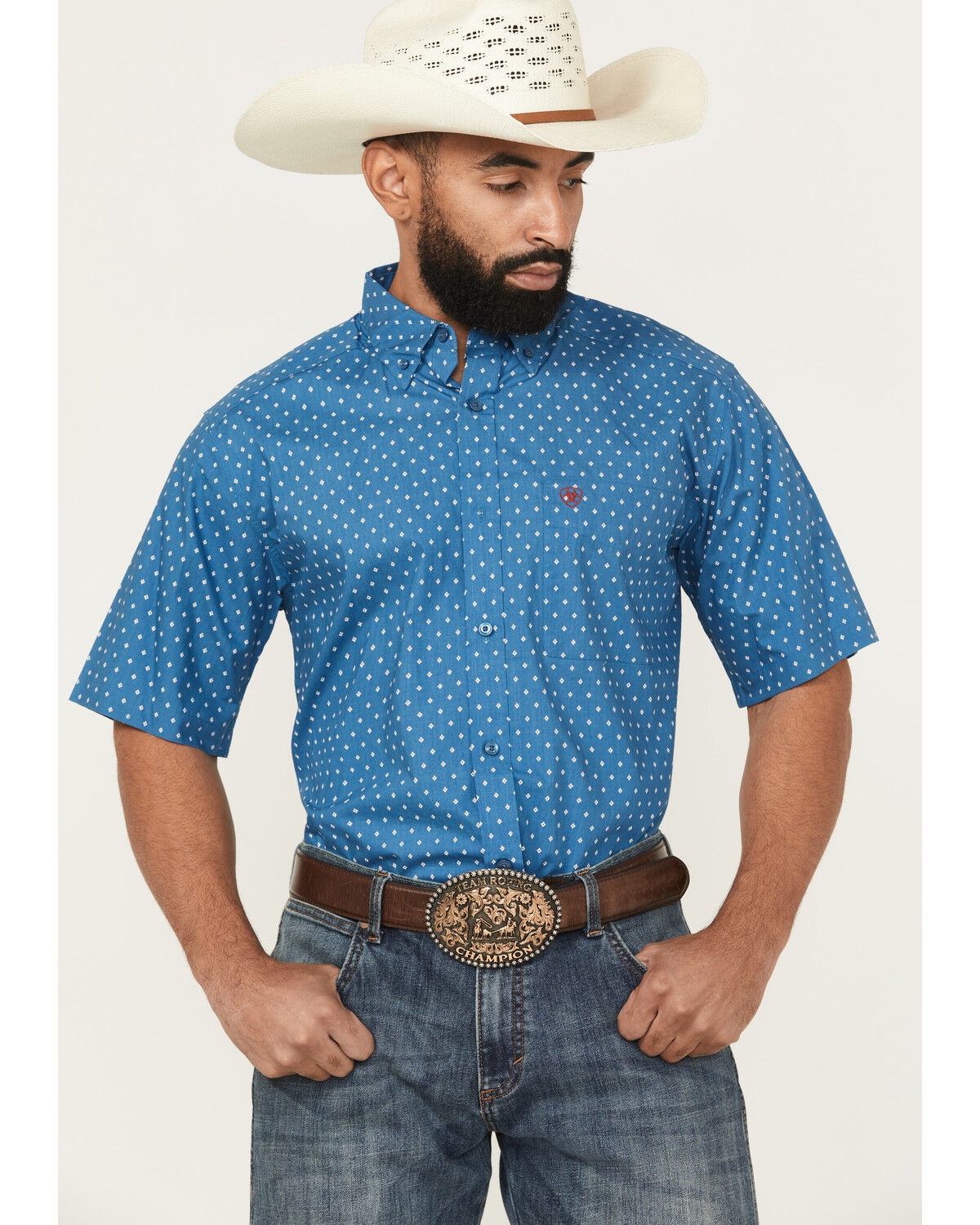 Image #1 - Ariat Men's Scott Geo Print Short Sleeve Button-Down Western Shirt, Dark Teal, hi-res
