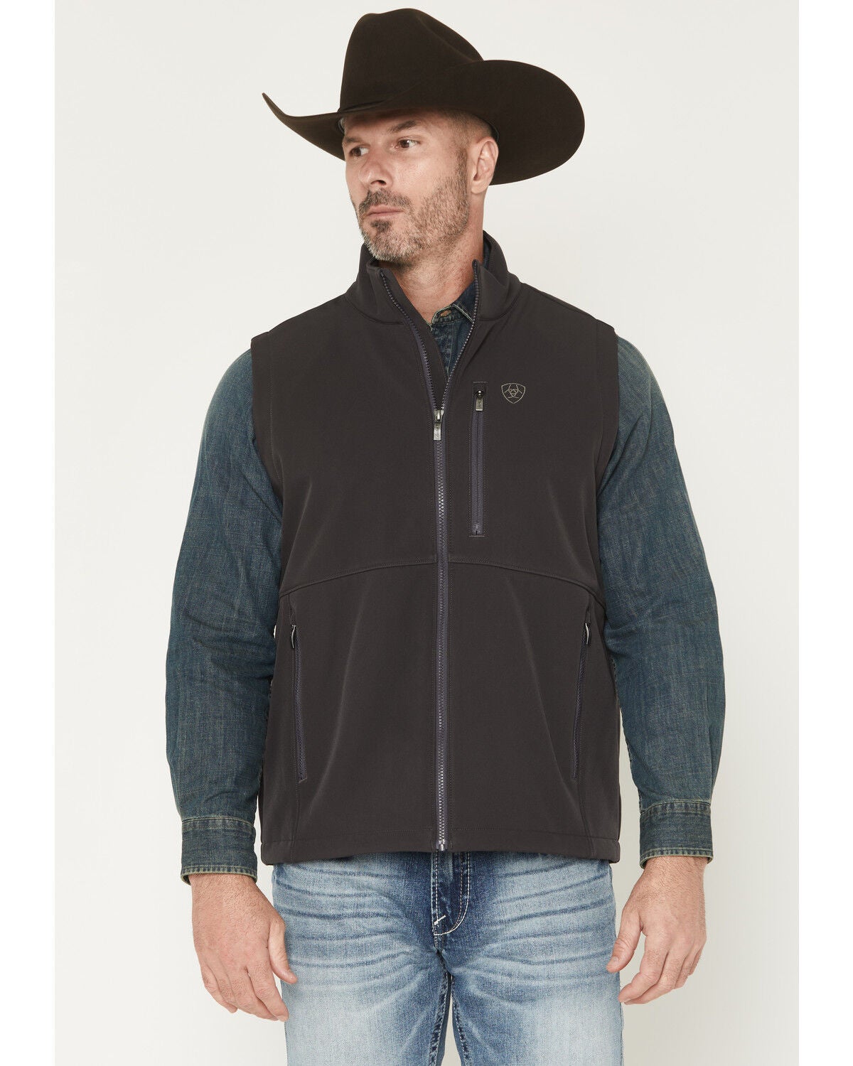 Image #1 - Ariat Men's Phantom Logo Concealed Carry Softshell Vest, Dark Grey, hi-res