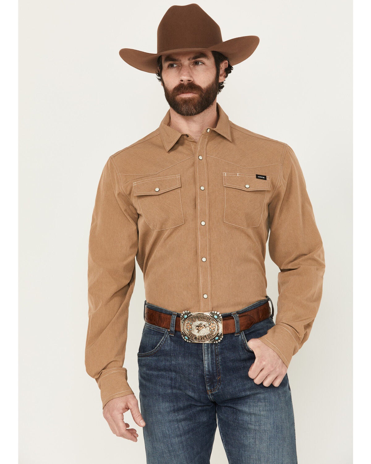 Cinch Men's Solid Arenaflex Long Sleeve Snap Western Performance Shirt, Brown, hi-res