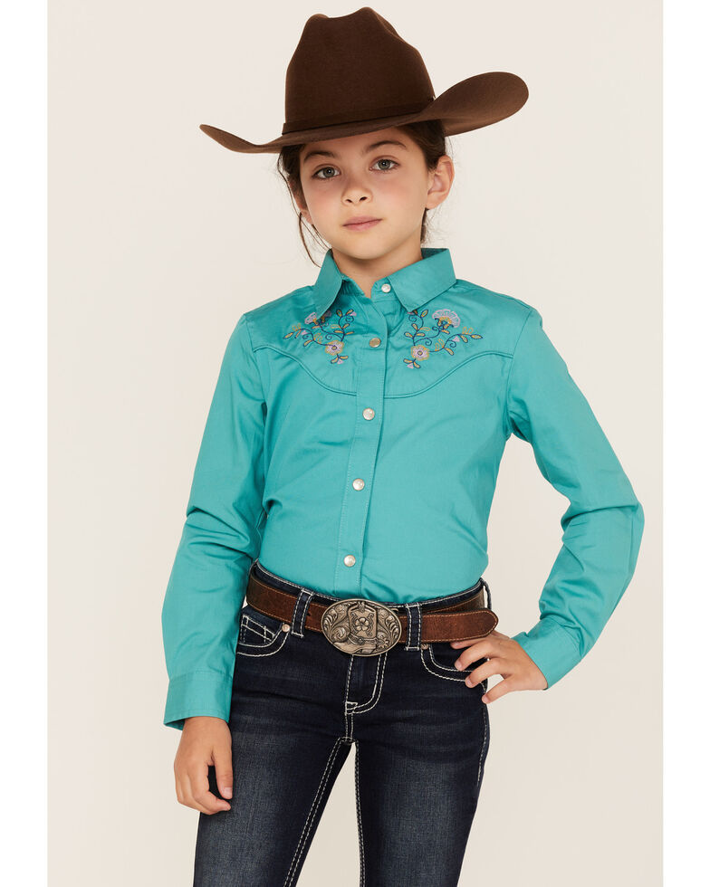 Wrangler Girls' Floral Embroidered Long Sleeve Western Snap Shirt, Turquoise, hi-res