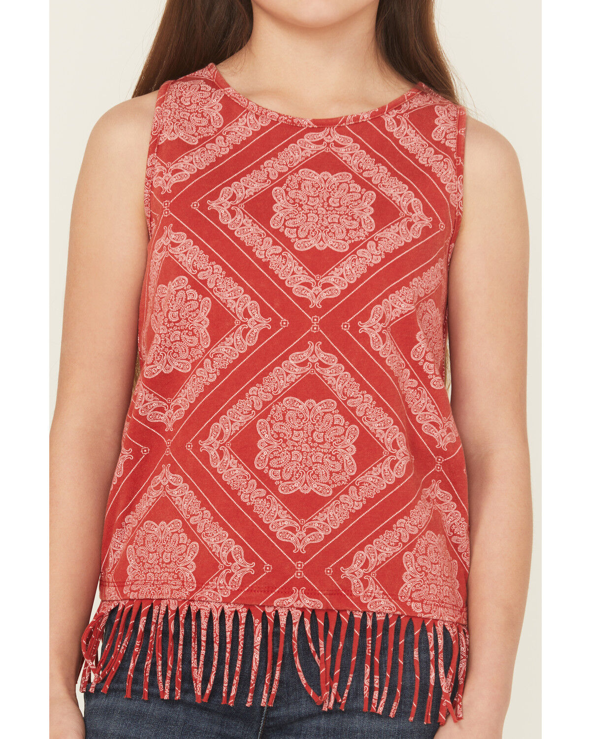 Image #3 - Rock & Roll Denim Girls' Bandana Print Fringe Tank Top, Red, hi-res