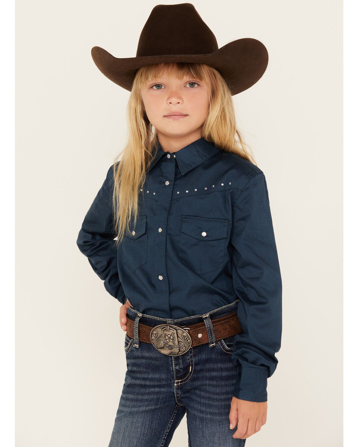 Shyanne Girls' Solid Rhinestone Long Sleeve Snap Stretch Western Shirt, Blue, hi-res