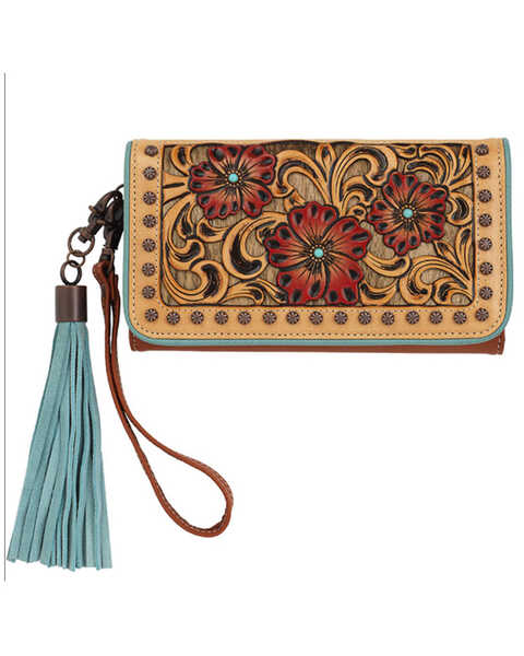 M & F Western Women's Lorelei Floral Tooled Wristlet Clutch Wallet, Tan, hi-res