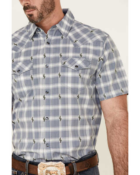 Moonshine Spirit Men's Cacti Med Plaid Print Short Sleeve Pearl Snap Western Shirt , Navy, hi-res