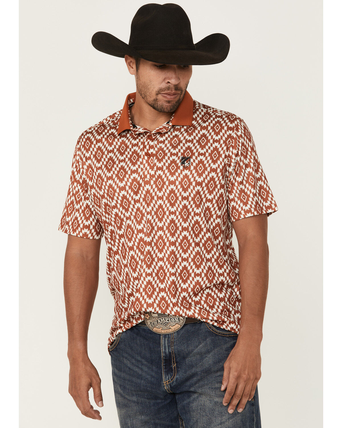 Image #1 - RANK 45® Men's Crossfire Southwestern Print Short Sleeve Polo, Brown, hi-res