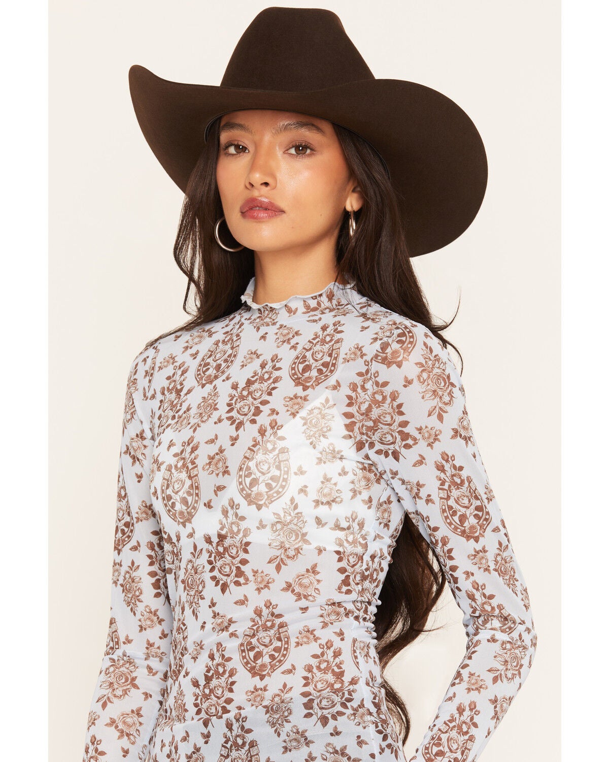 Image #2 - Wonderwest Women's Horseshoe Floral Print Long Sleeve Mesh Top, Blue, hi-res