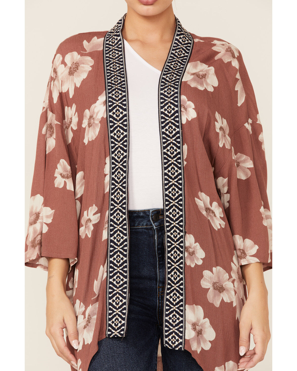 Image #3 - Wild Moss Women's Mauve Border Trim Floral Kimono, Mauve, hi-res