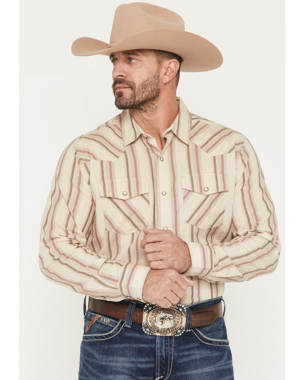 Ariat Men's Hines Retro Striped Long Sleeve Snap Western Shirt, Off White, hi-res