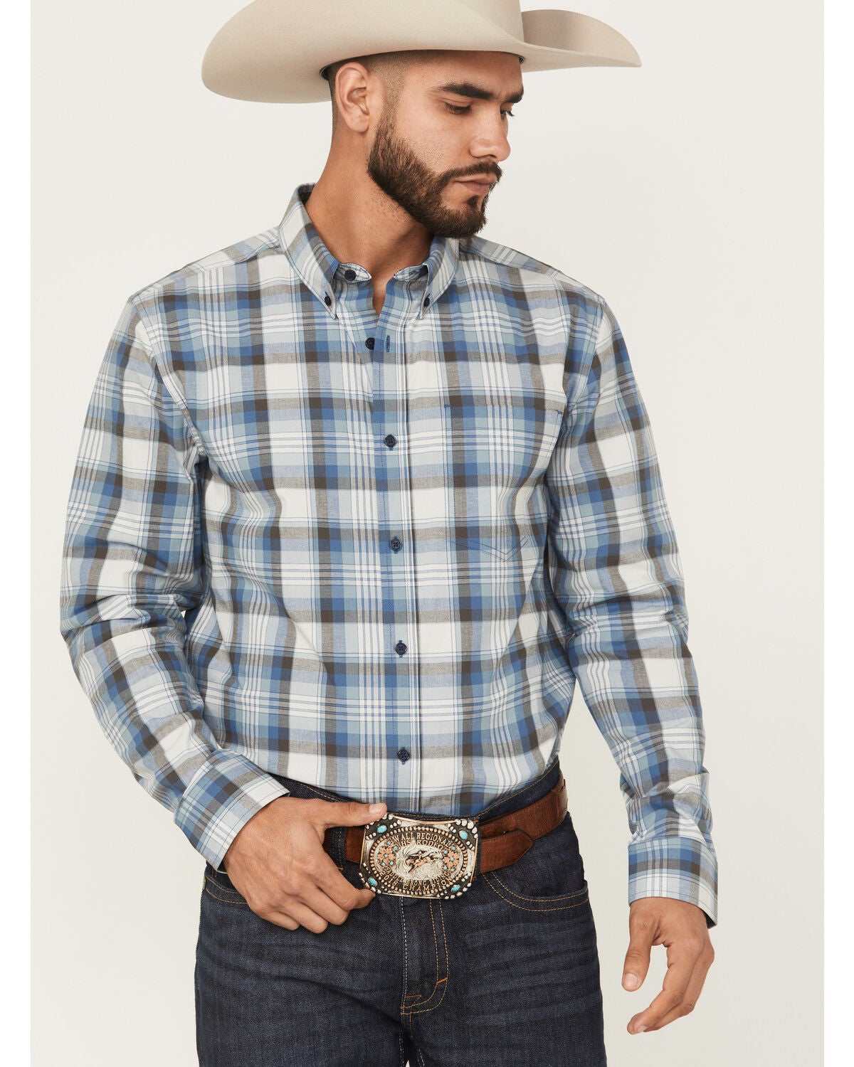 Cody James Men's Howdy Duty Plaid Print Long Sleeve Button-Down Western Shirt, Blue, hi-res