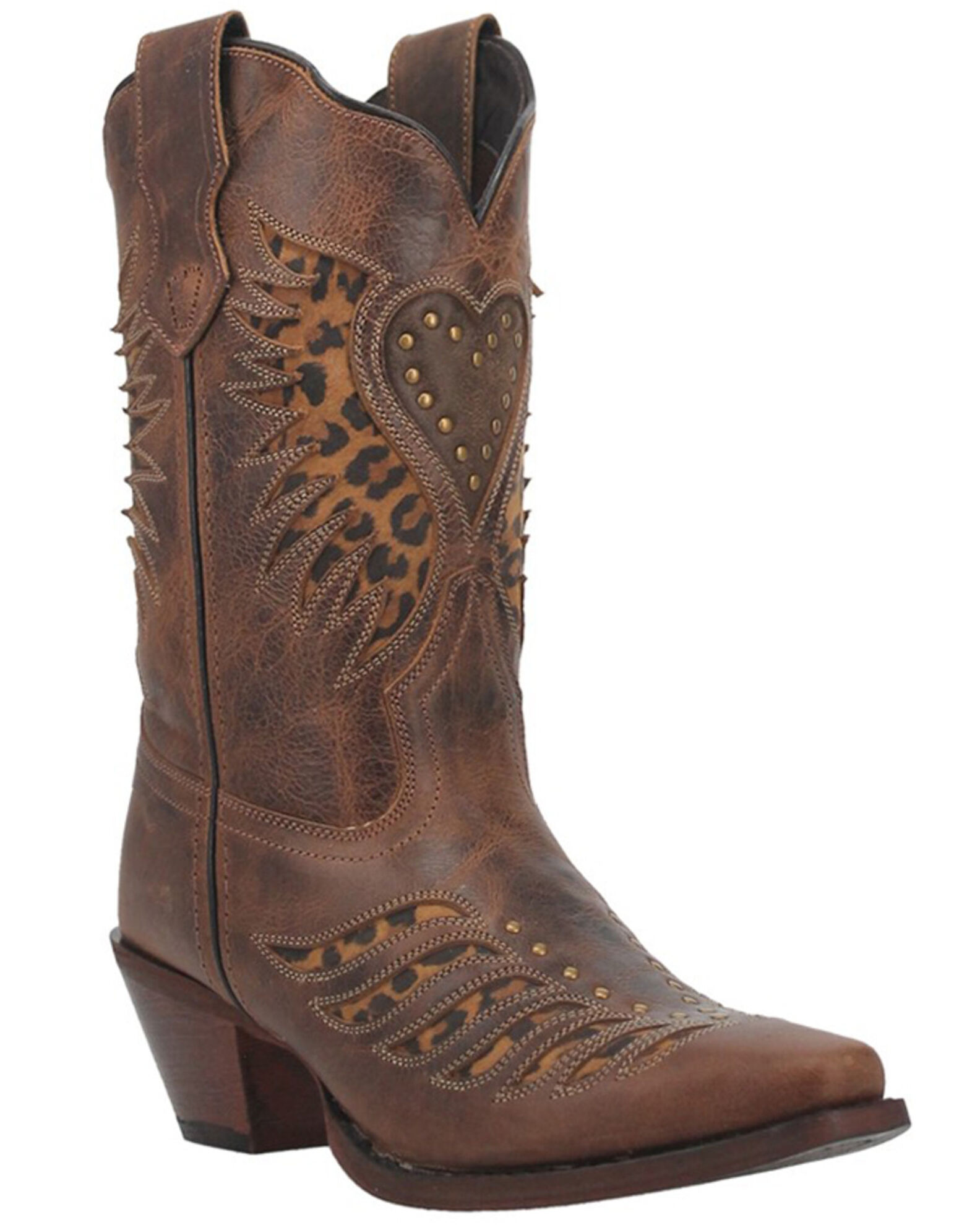 Image #1 - Laredo Women's Stella Leopard Print Inlay Studded Western Boots - Snip Toe, Brown, hi-res