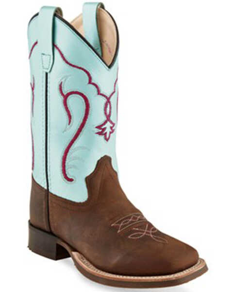 Old West Boys' Embroidered Western Boots - Broad Square Toe, Light Blue, hi-res