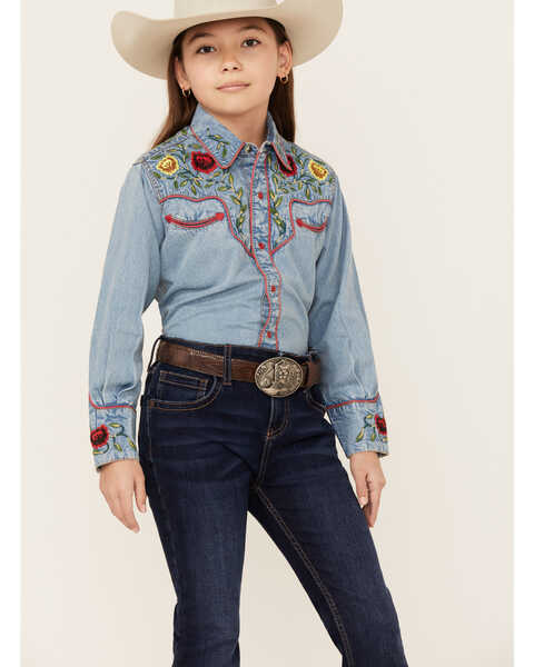 Image #1 - Rockmount Ranchwear Girls' Floral Yoke Long Sleeve Pearl Snap Denim Western Shirt , Blue, hi-res