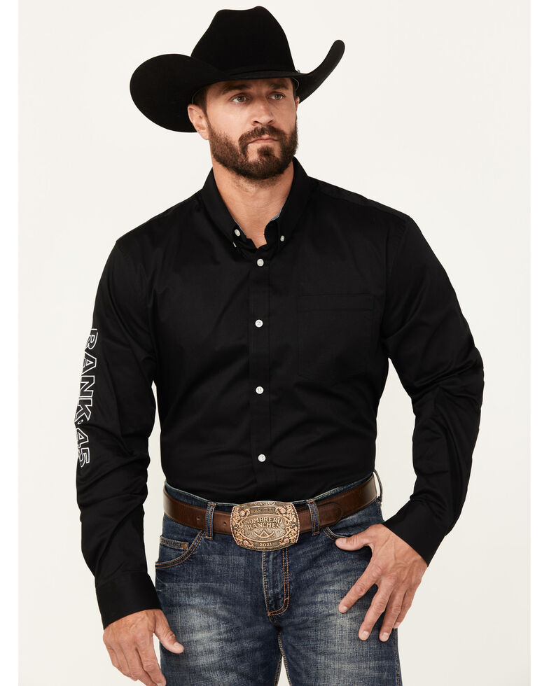 Rank 45 Men's Solid Performance Twill Logo Long Sleeve Button-Down Western Shirt , Black, hi-res