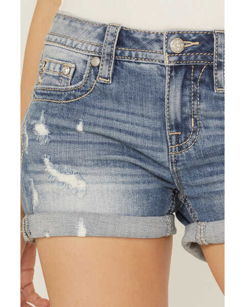 Miss Me Women's Embroidered Dreamcatcher Light Wash Mid Rise Shorts, Blue, hi-res