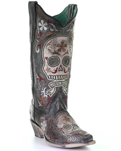Image #1 - Corral Women's Sugar Skull Embroidery Western Boots - Snip Toe, Black, hi-res
