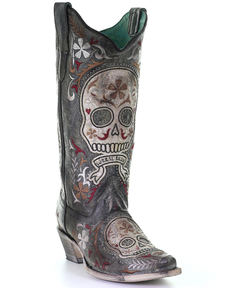 Corral Women's Sugar Skull Embroidery Western Boots - SnipToe, Black, hi-res