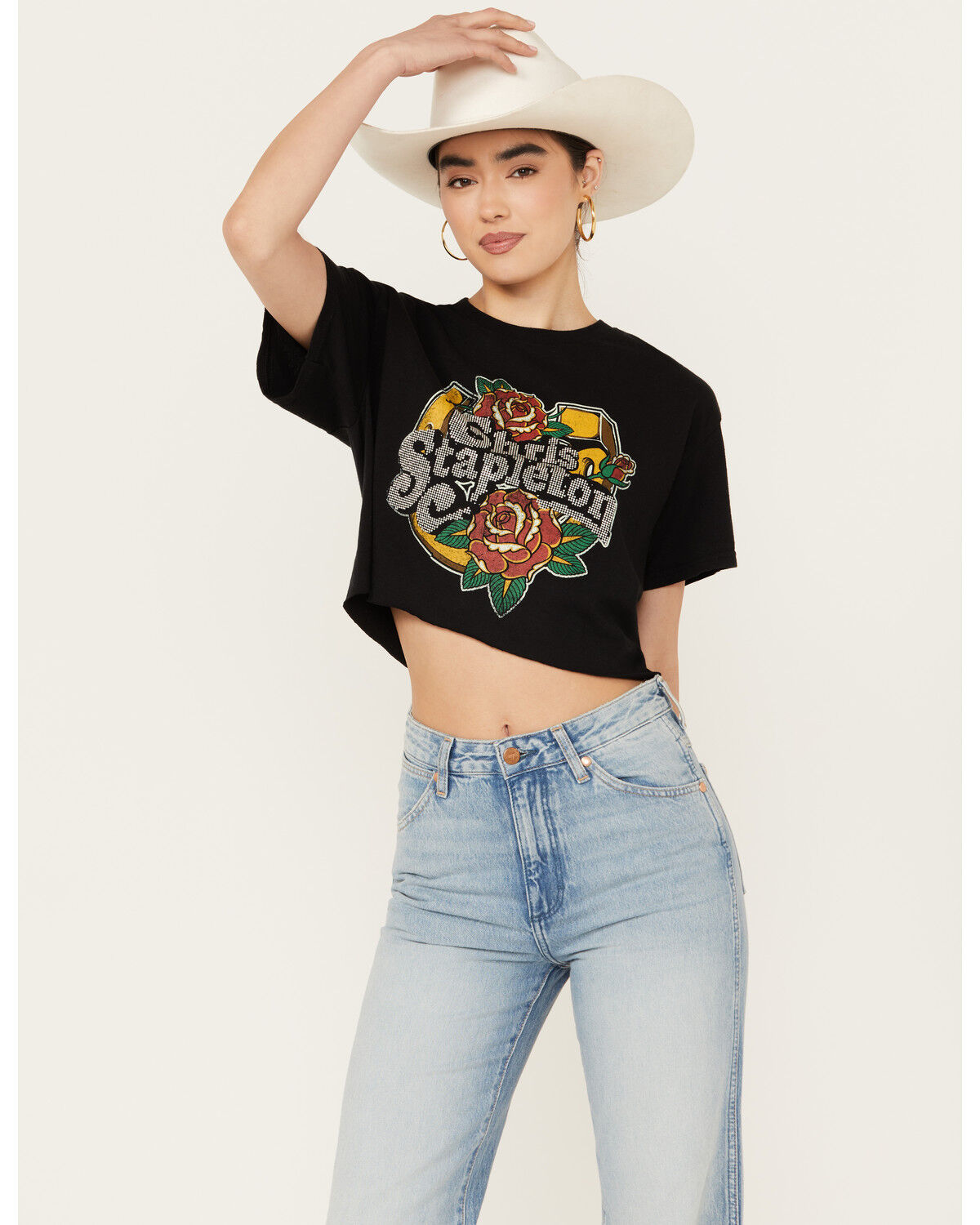 Image #1 - Merch Traffic Women's Chris Stapleton Embellished Short Sleeve Cropped Graphic Tee, Black, hi-res