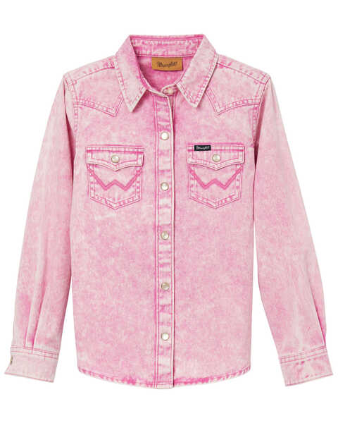 Image #1 - Wrangler Girls' Denim Long Sleeve Pearl Snap Western Shirt , Pink, hi-res