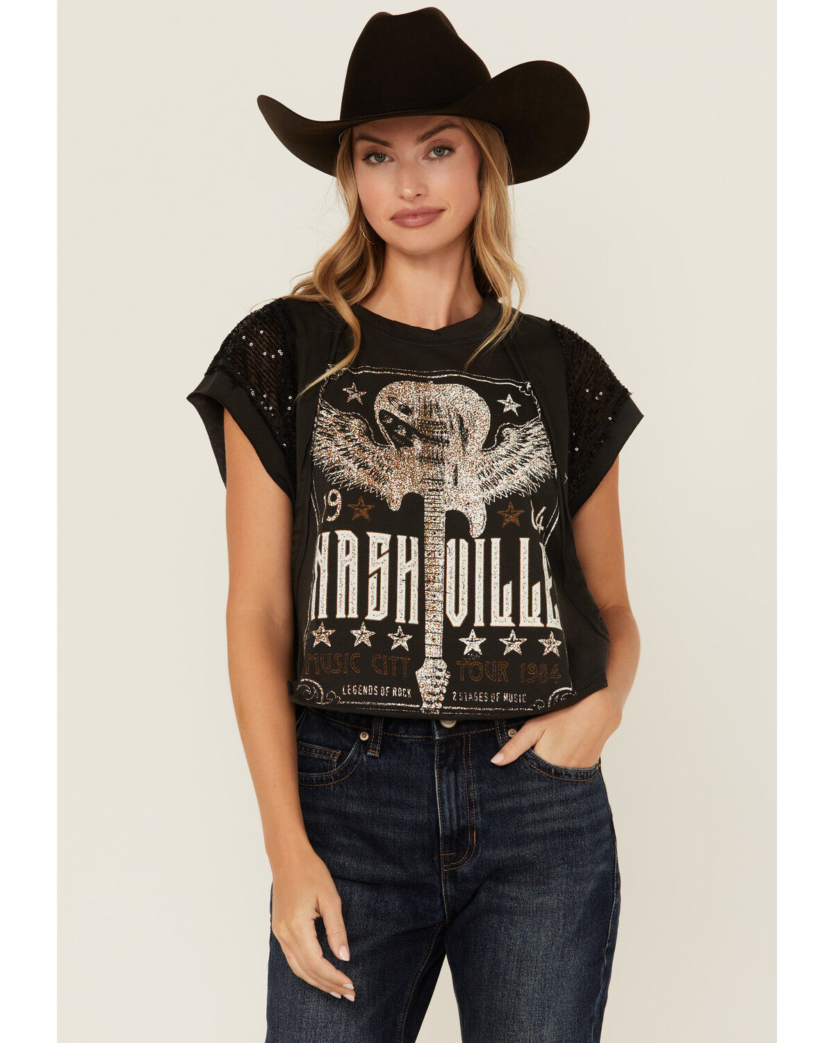 Image #1 - Originality Women's Nashville Lace Short Sleeve Graphic Tee, Black, hi-res