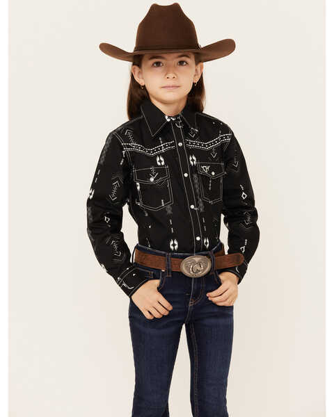 Image #1 - Cowgirl Hardware Girls' Skull Southwestern Print Long Sleeve Snap Western Shirt , Black, hi-res