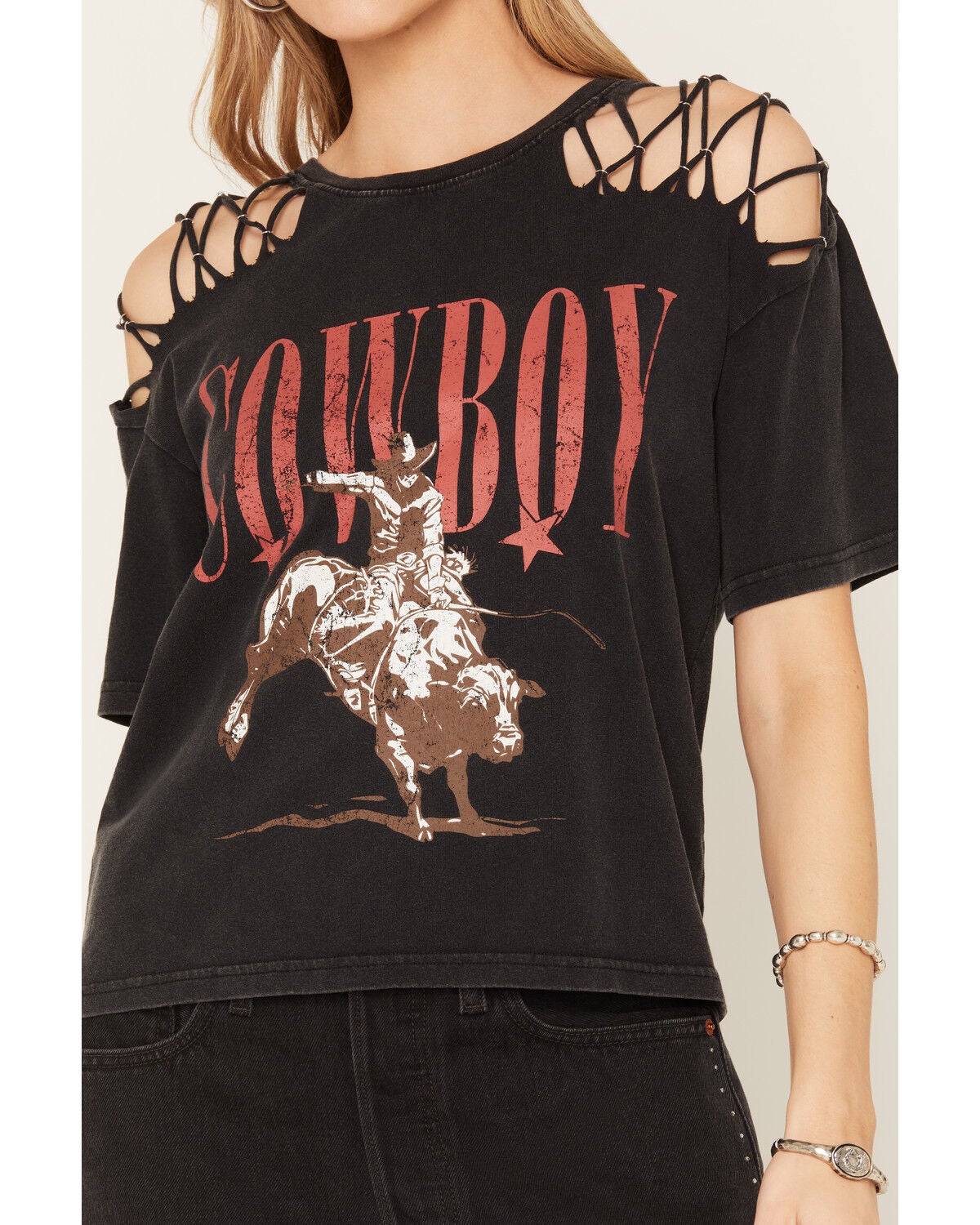 Image #3 - Nikxie Women's Icon Cut Out Shoulders Short Sleeve Graphic Tee, Black, hi-res