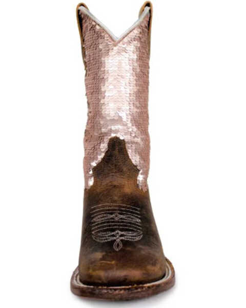 Macie Bean Girls' Sequin Distressed Bison Leather Western Boots - Square Toe , Brown, hi-res