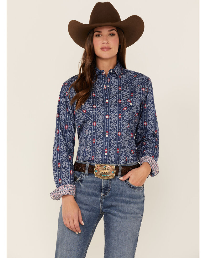 Panhandle Women's Floral Stripe Long Sleeve Snap Western Core Shirt, Navy, hi-res