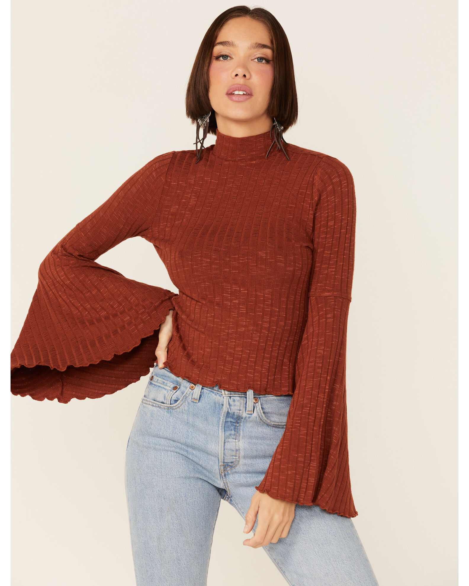 High neck bell sleeve top sales