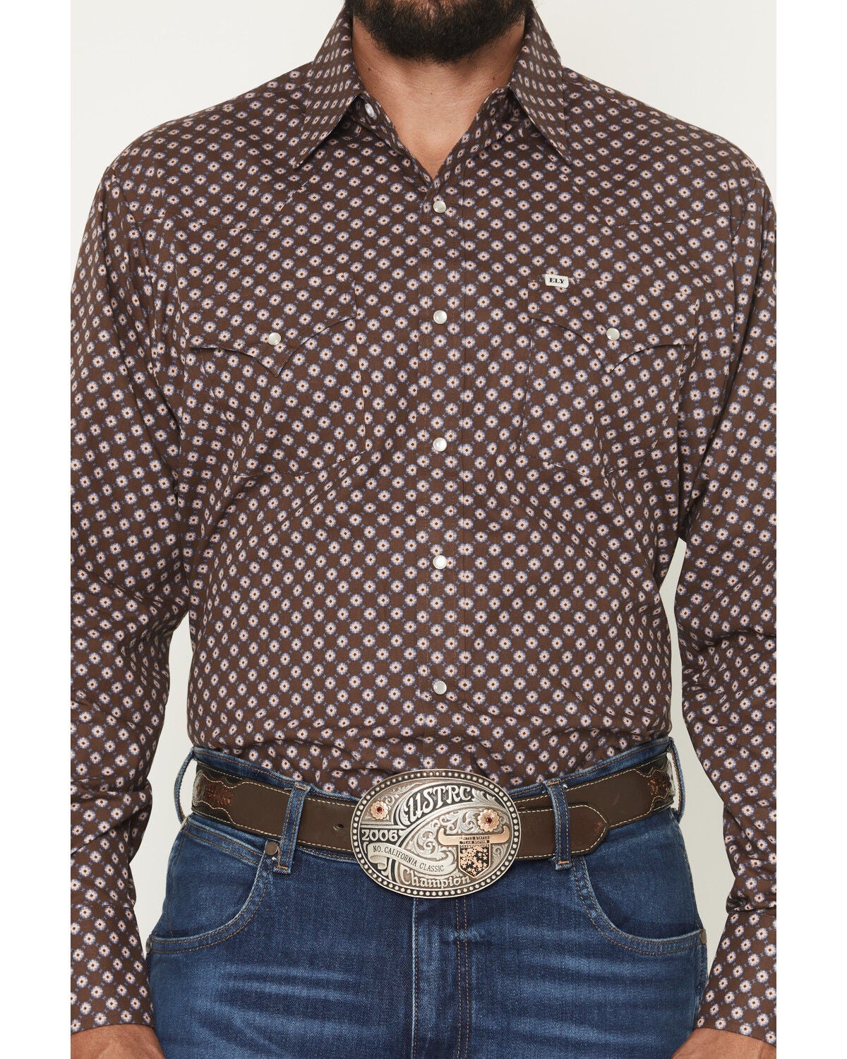 Image #3 - Ely Walker Men's Geo Print Long Sleeve Pearl Snap Western Shirt, Brown, hi-res