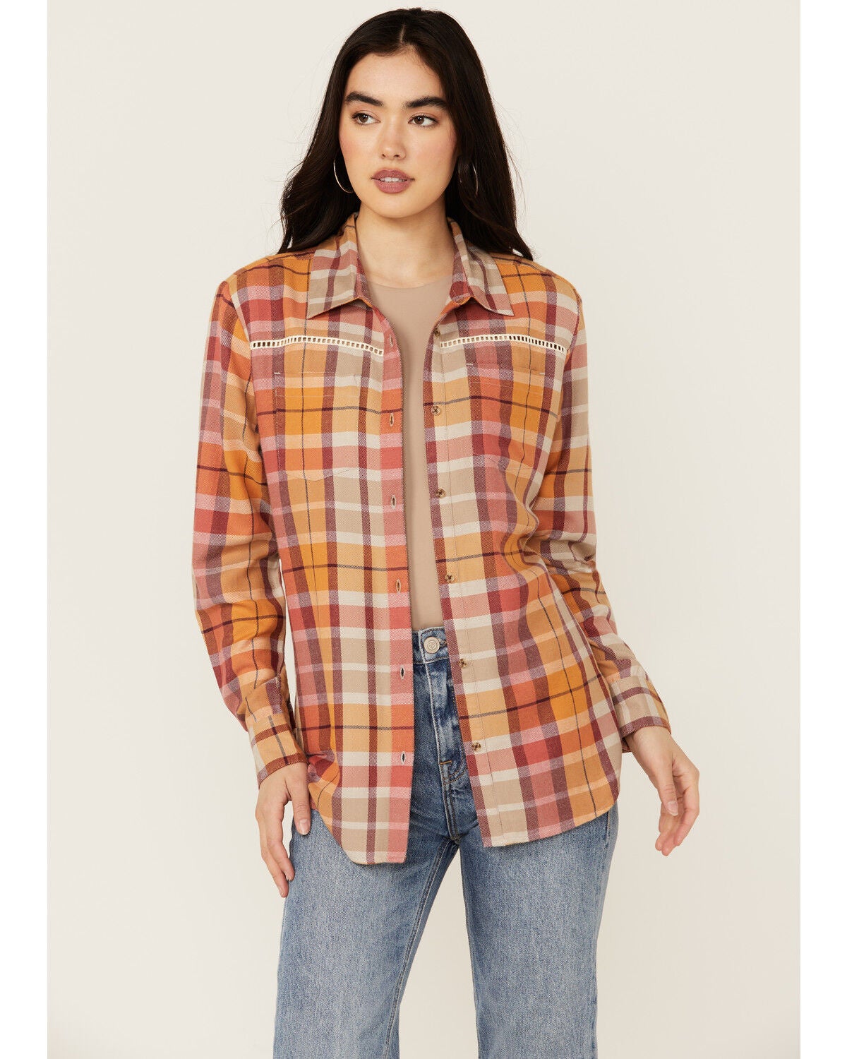Shyanne Women's Plaid Print Long Sleeve Button-Down Western Shirt, Gold, hi-res
